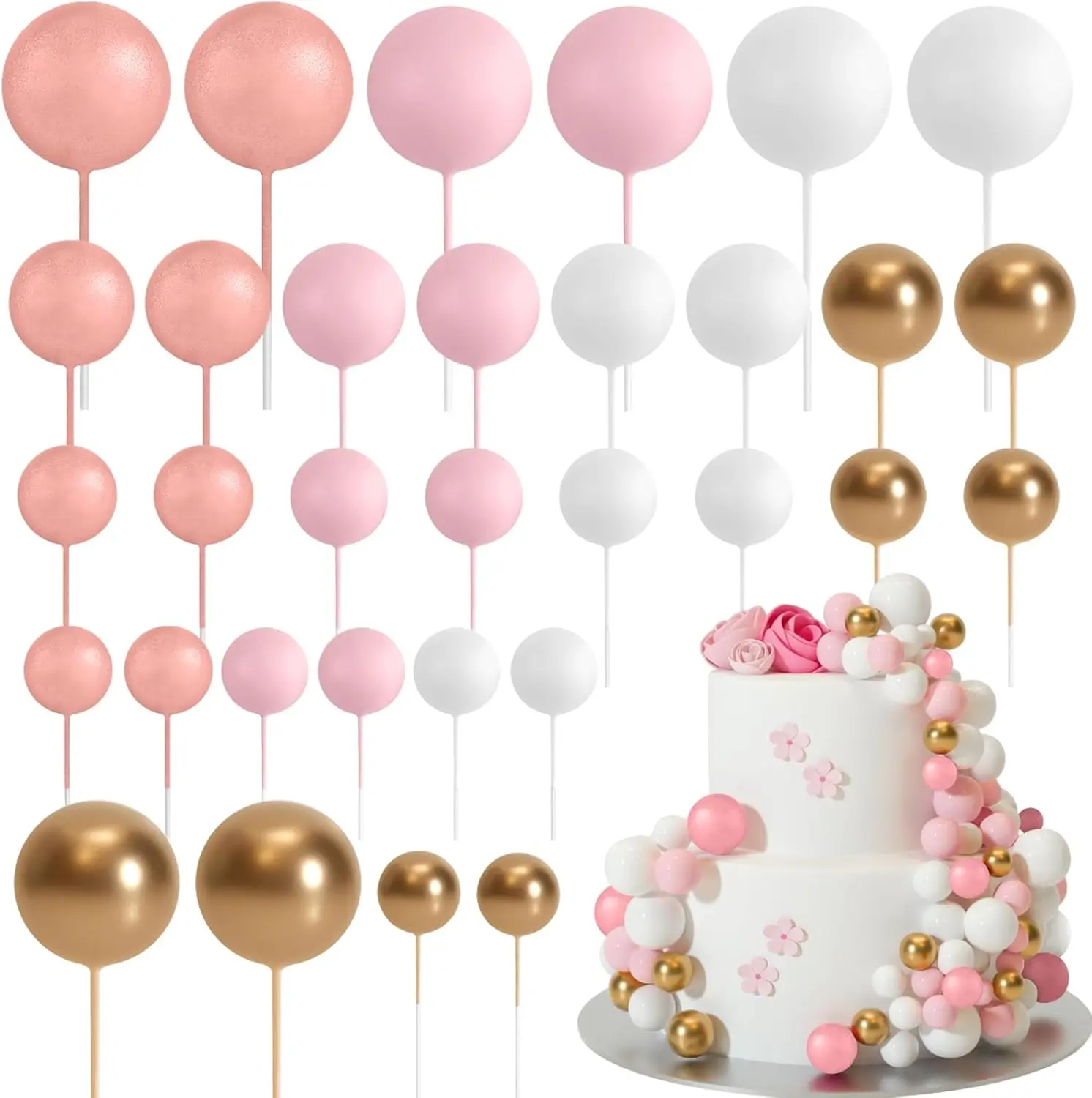 32 Stück Weihnachtskugel-Kuchenaufsatz, Dekorationen, Schaumstoffkugeln, Kuchenaufsatz, Kugeln, Kuchendekorationen für Hochzeit, Party, Geburtstag – Detail 35
