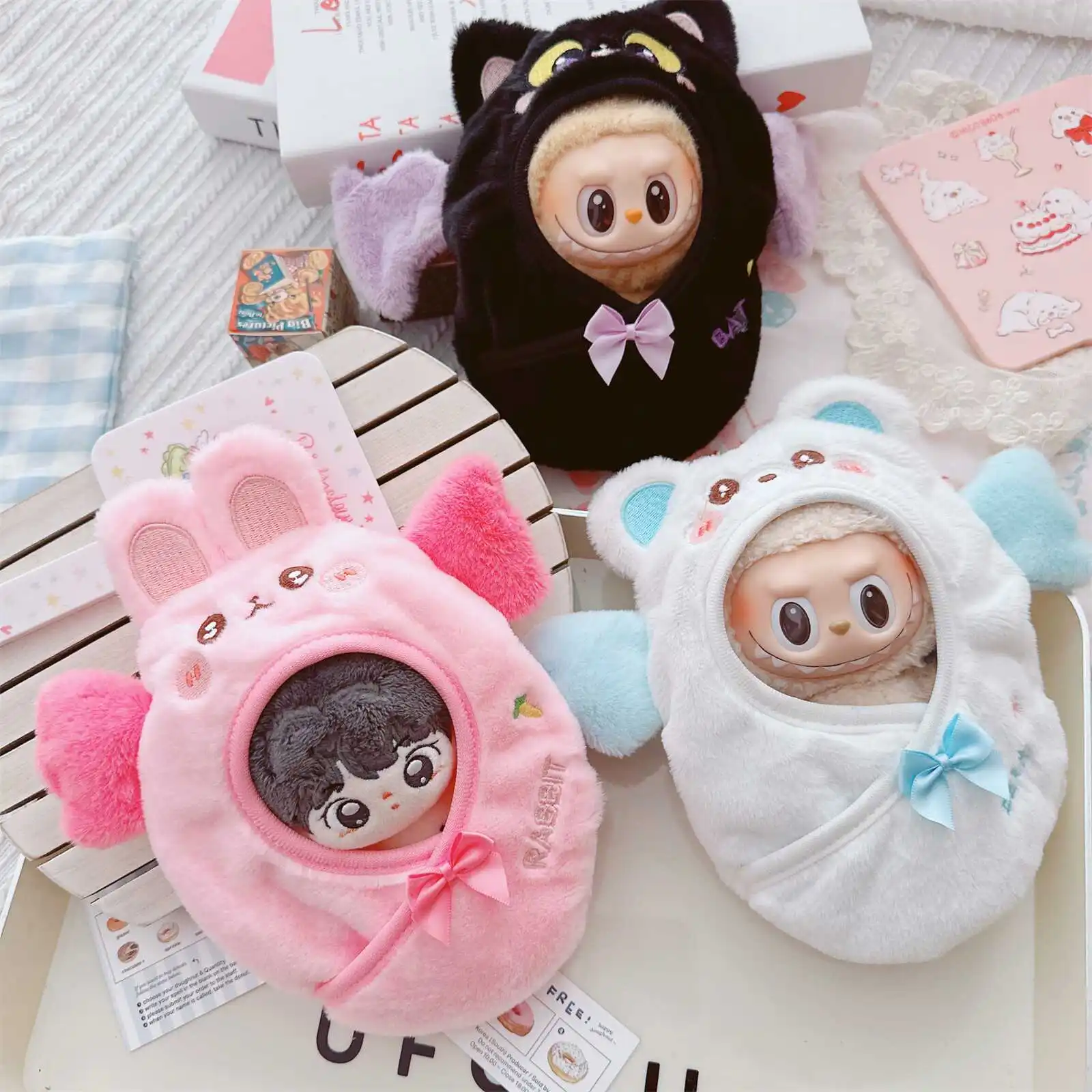 Muñeca de algodón de 10cm, saco de dormir Labubu de 15cm, ropa, alas, accesorios cambiables