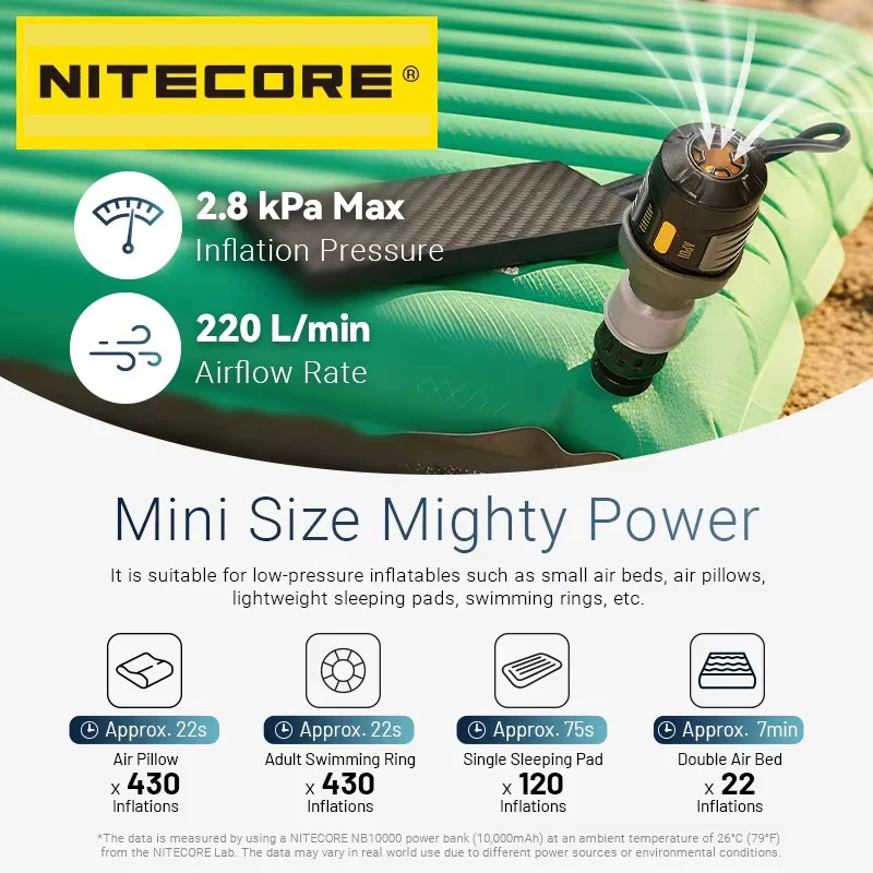 NITECORE AP01 Ultra Lightweight Portable Air Pu 22g USB-C Powered Inflation and Seflation  for Ultralight Outdoor Adventures