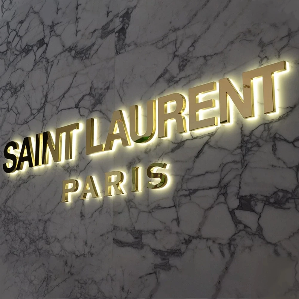 Custom Business LED Logo Sign Backlit Stainless Steel 3D Letter Illuminated Halo Lit Company Name Sign Store Front Sign