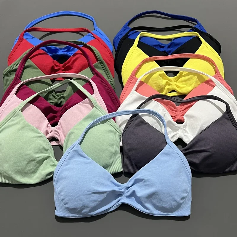 Impact Strappy Bra Gym Top Women High Support Thin Strap Seamless Halter Sports Bras Scrunch Workout Yoga Bra With Pads