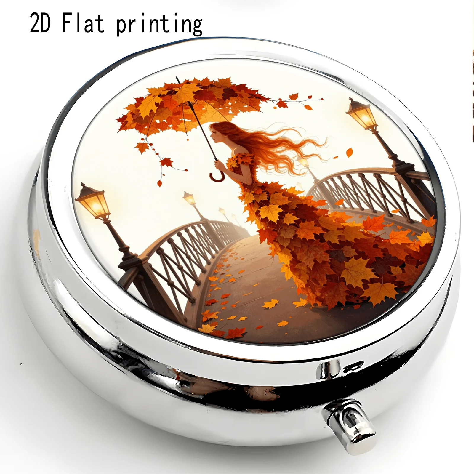 Autumn Maple Leaf Umbrella Bridge Girl Illustration Pattern, Round Three-Compartment Small Pill Box, Portable Medicine Storage, Small Jewelry Organizer, Suitable for Handbags or Travel, Holiday Gifts, Souvenirs, Prizes, Small Gifts, Suitable for Personal Use or as an Exquisite Gift Option