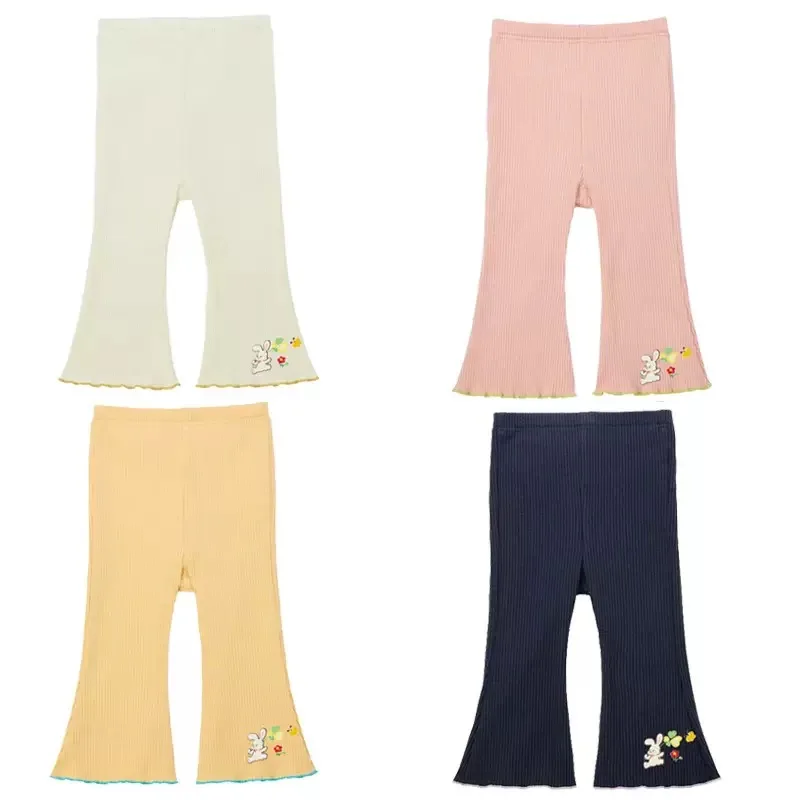 Cute Little Girls Flared Pants Lucky Rabbit Embroidery Floral Kids Leggings Cartoon Bunny Embroidered Elastic Waist   Trousers