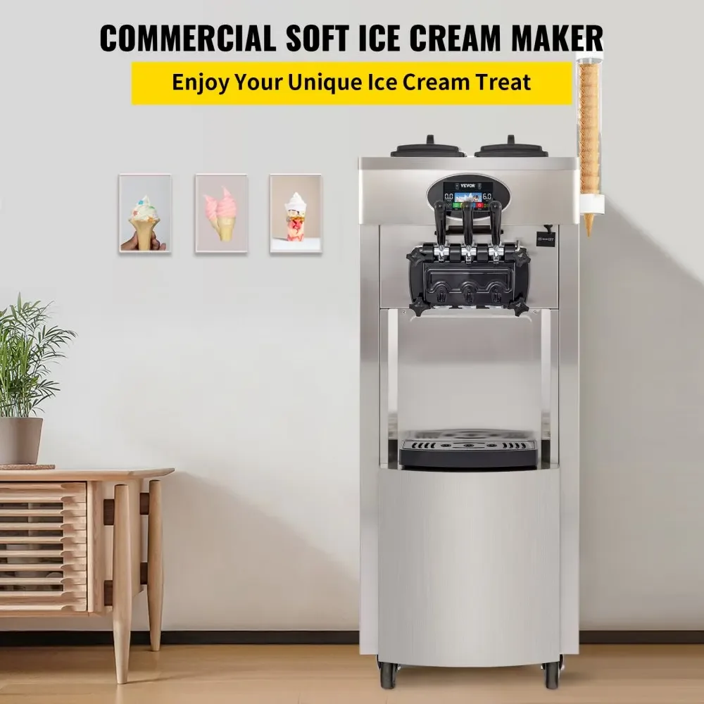 VEVOR 2200W Commercial Soft Ice Cream Machine 3+1 Flavors, Precooling System Vertical Design for Cafe Snack Shop, CE Certified