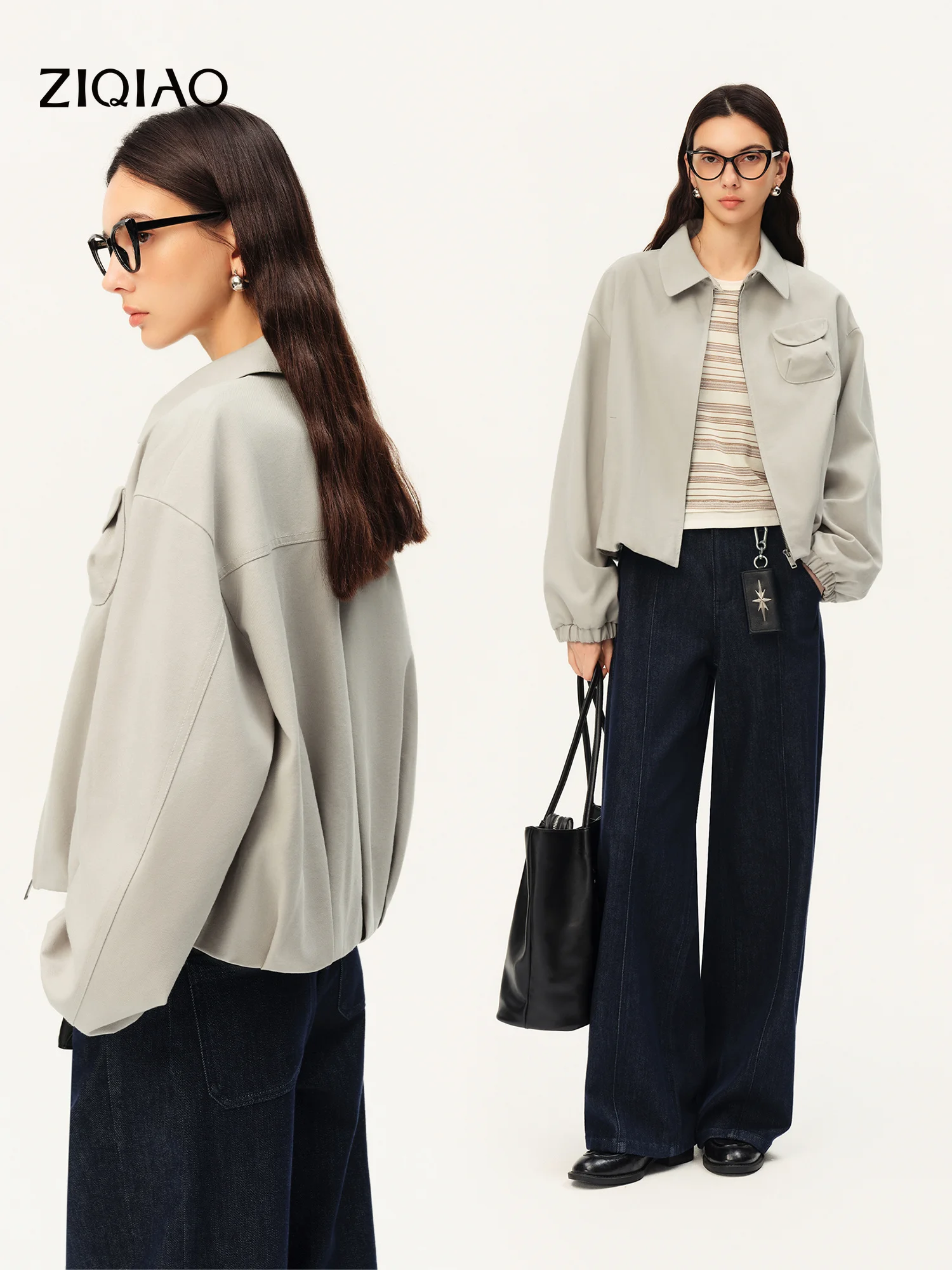 ZIQIAO Women 2026 Fall New Casual Commute Gray Jacket Dropped Shoulder Design Stereo Pockets and Zipper Stylish Short Outerwear
