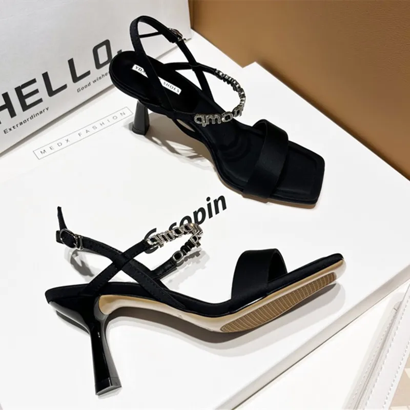 Sexy Square Toe Thin Heeled Sandals Women Summer 2024 Fashion Rhinestone Letter Design Pumps Women Cross Strap Black High Heels