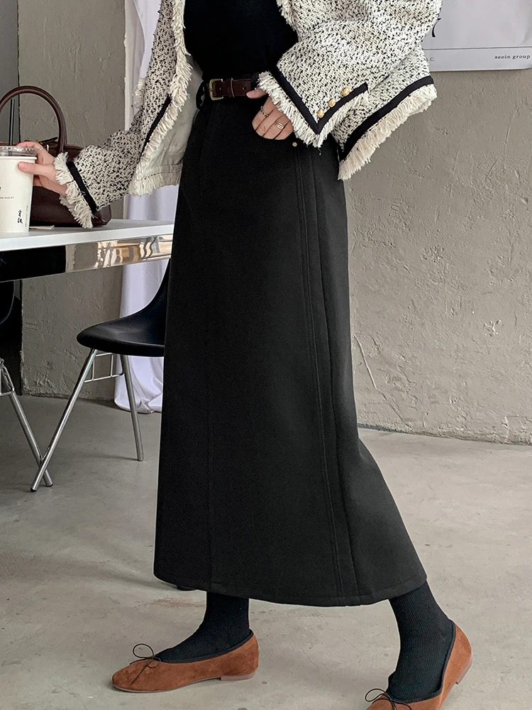 Office Ladies High Waist Woolen Skirts Women Fall Winter Straight Skirts Midi Pocket Skirt with Belt Black Grey