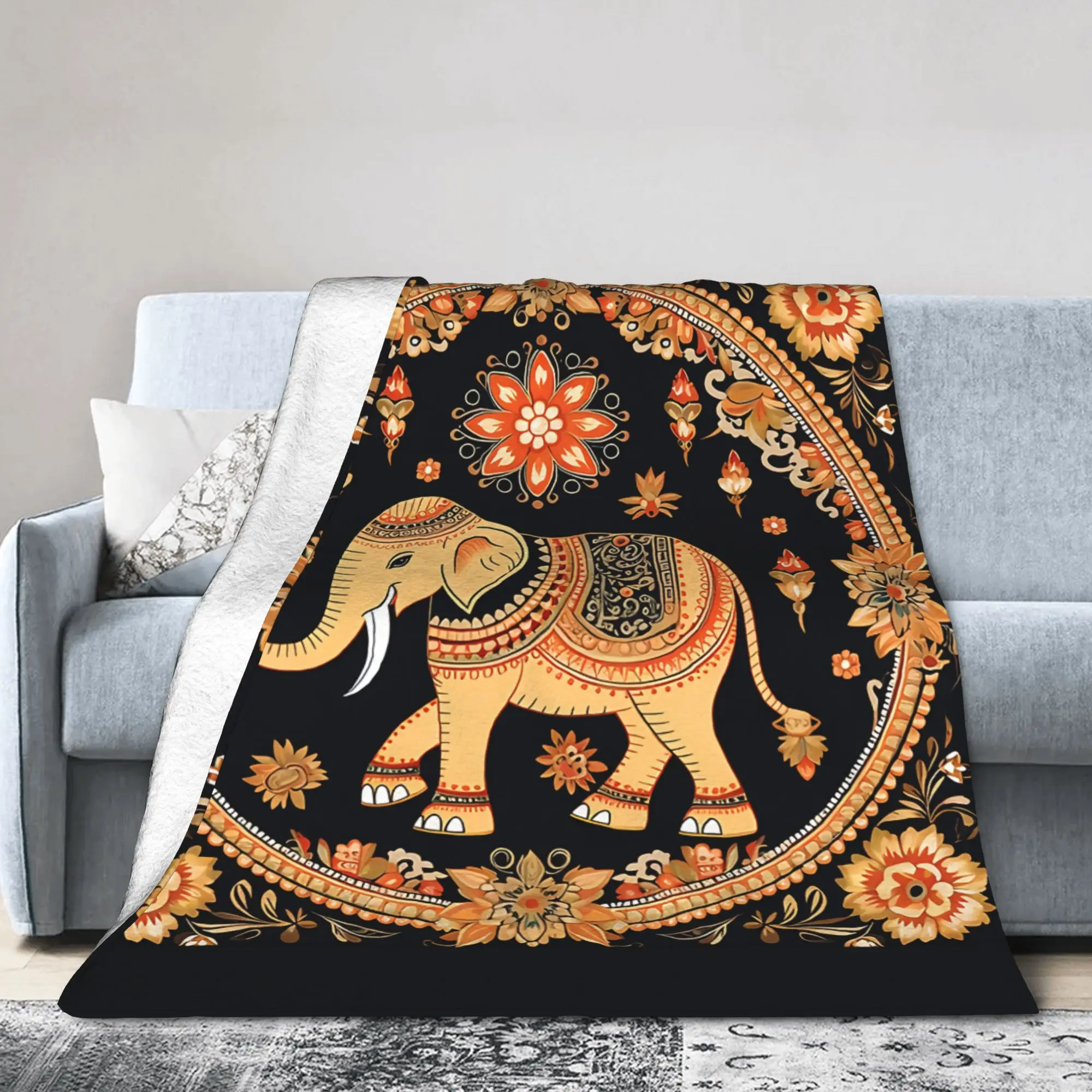 Modern Thai Elephant Floral Blanket Boho Indian Art Wool Soft Bedding Throw Blanket for Bedroom Winter Office Lightweight