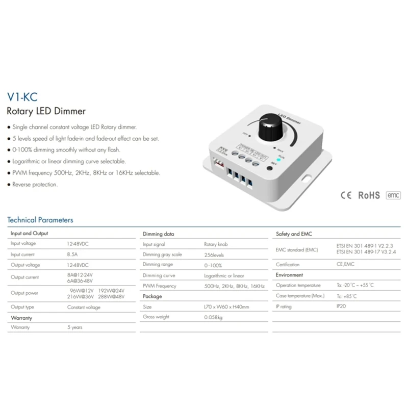 12-48VDC Skydance Rotary LED Dimmer V1-KC 1Chx8a 5 Levels Light Gradient Speed For Single Color LED Strip Tape Dimming