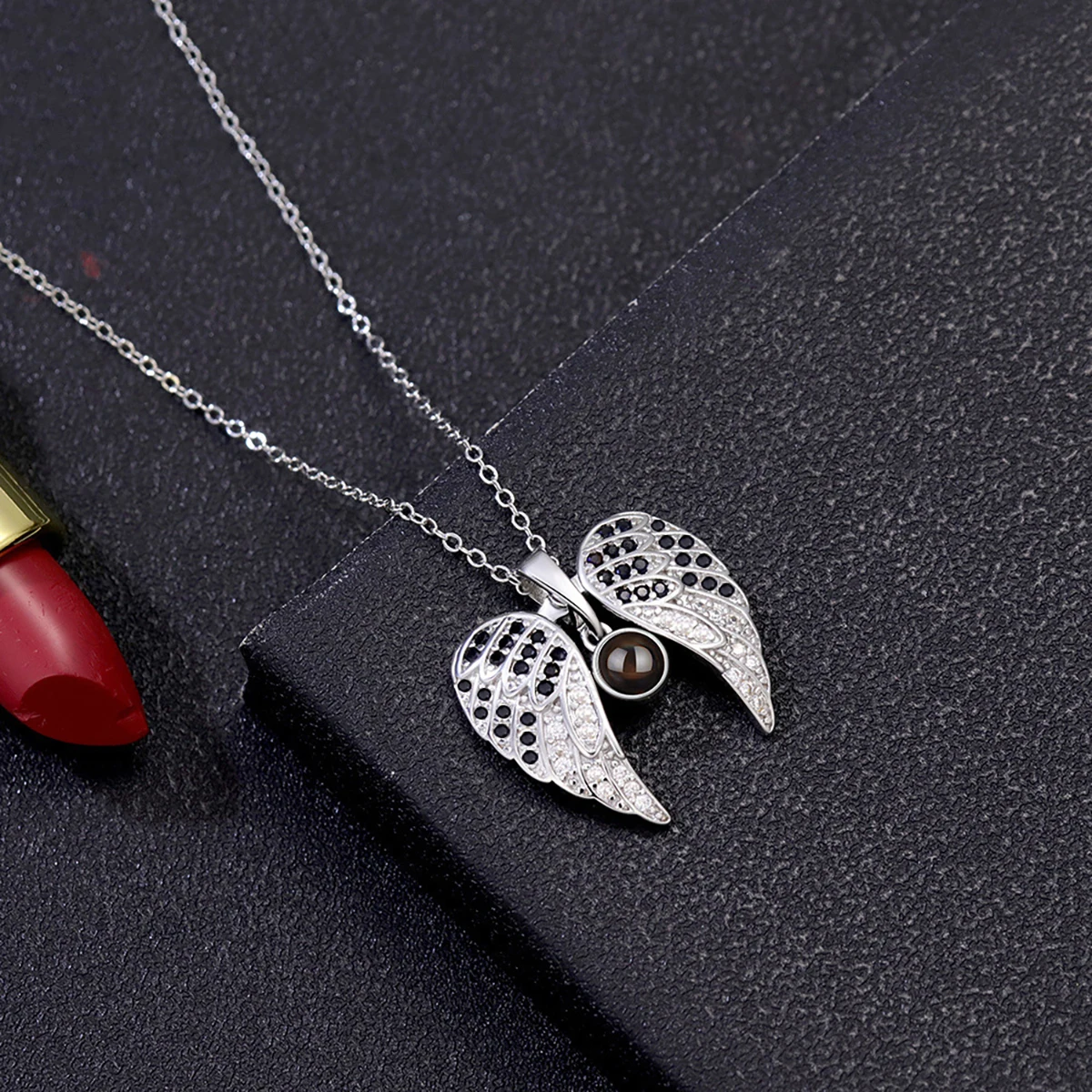 Custom Color Photo Projection Necklace Angel Wing Pendant Stainless Steel Chain Valentine's Mother's Day Romantic Gift For Women