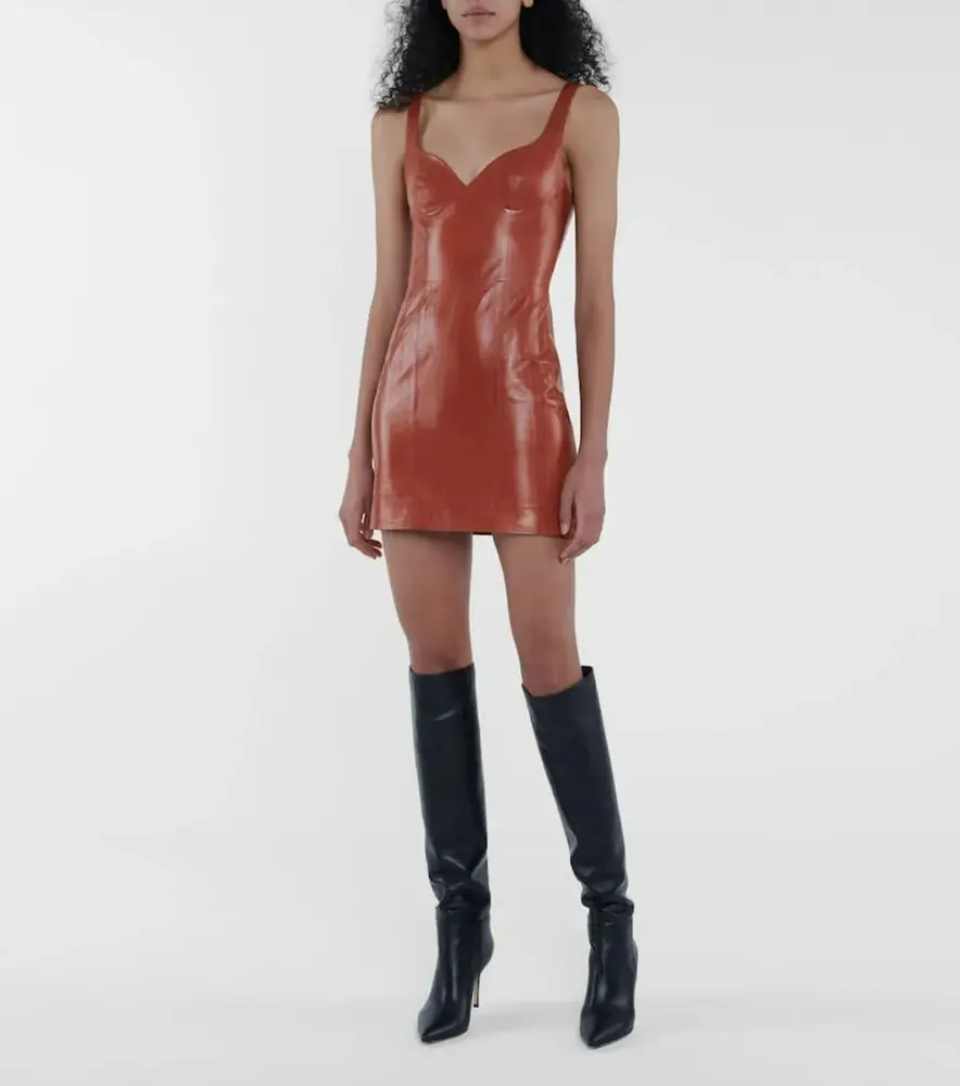 Women Dress Leather Best Quality Genuine Lambskin Leather Celebrity Outfit Dress Mini Dress