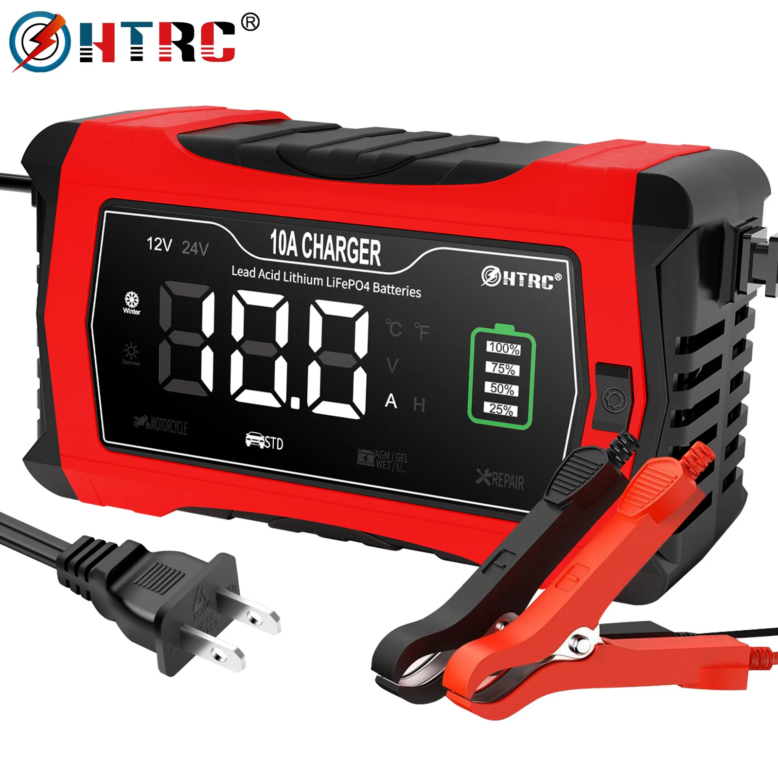 HTRC 10A 12V 24V Autobatterie-Ladegerät für Motorrad Lithium LiFePO4 Blei-Säure AGM Gel WET Automatisches Puls-Reparatur-Ladegerät