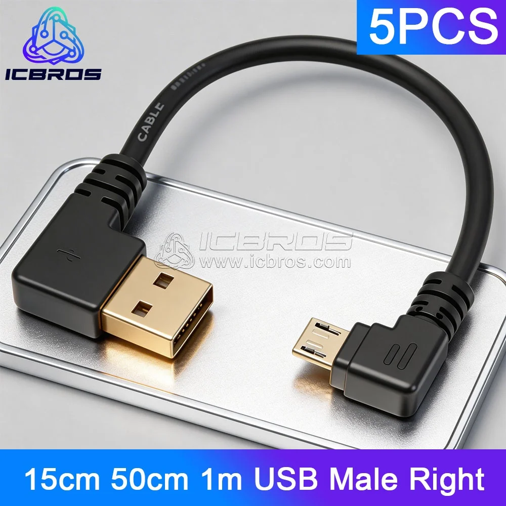 5pcs High quality gold plated plug 15cm 50cm 1m 90 degree Left angle USB A male to Micro USB Male Right angle data power cable