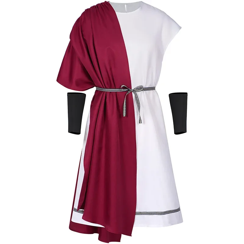 카니발 남성 토가 의상, 잎사귀가 있는 월계수 화환과 손목 밴드 포함 성인 그리스 신 로마 파티 세트