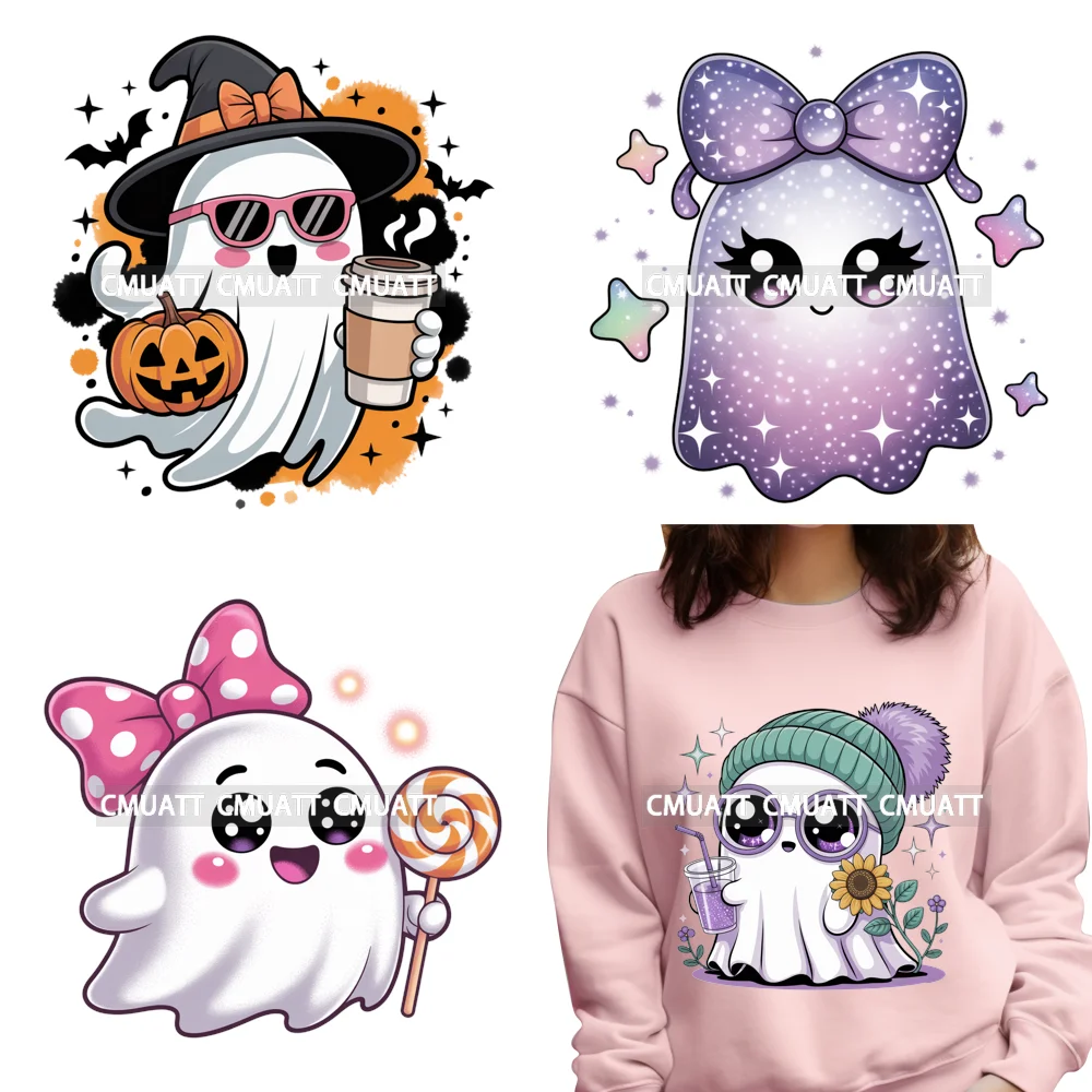 

Cute Sweet Bougie Boo Ghost Coffee Drinking Pumpkin Halloween Iron on DTF Washable Transfers Stickers Ready to Press for Hoodies