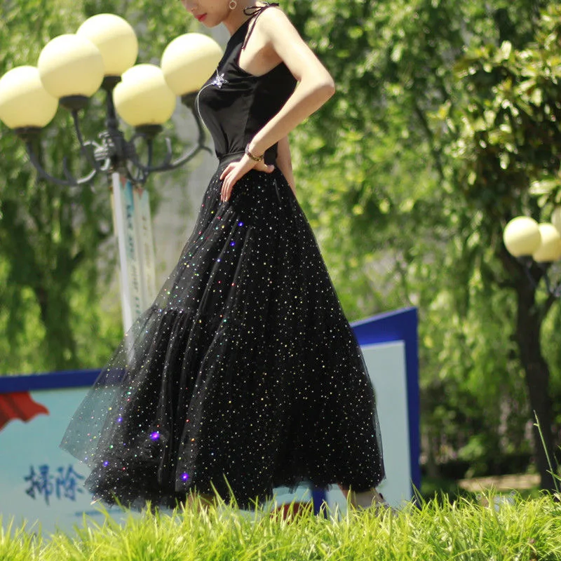 IHOBBY 4 Layer Fairy Sequins Tulle Long Black Skirt Big Swing Mesh Patchwork A Line Girls Long Skirts