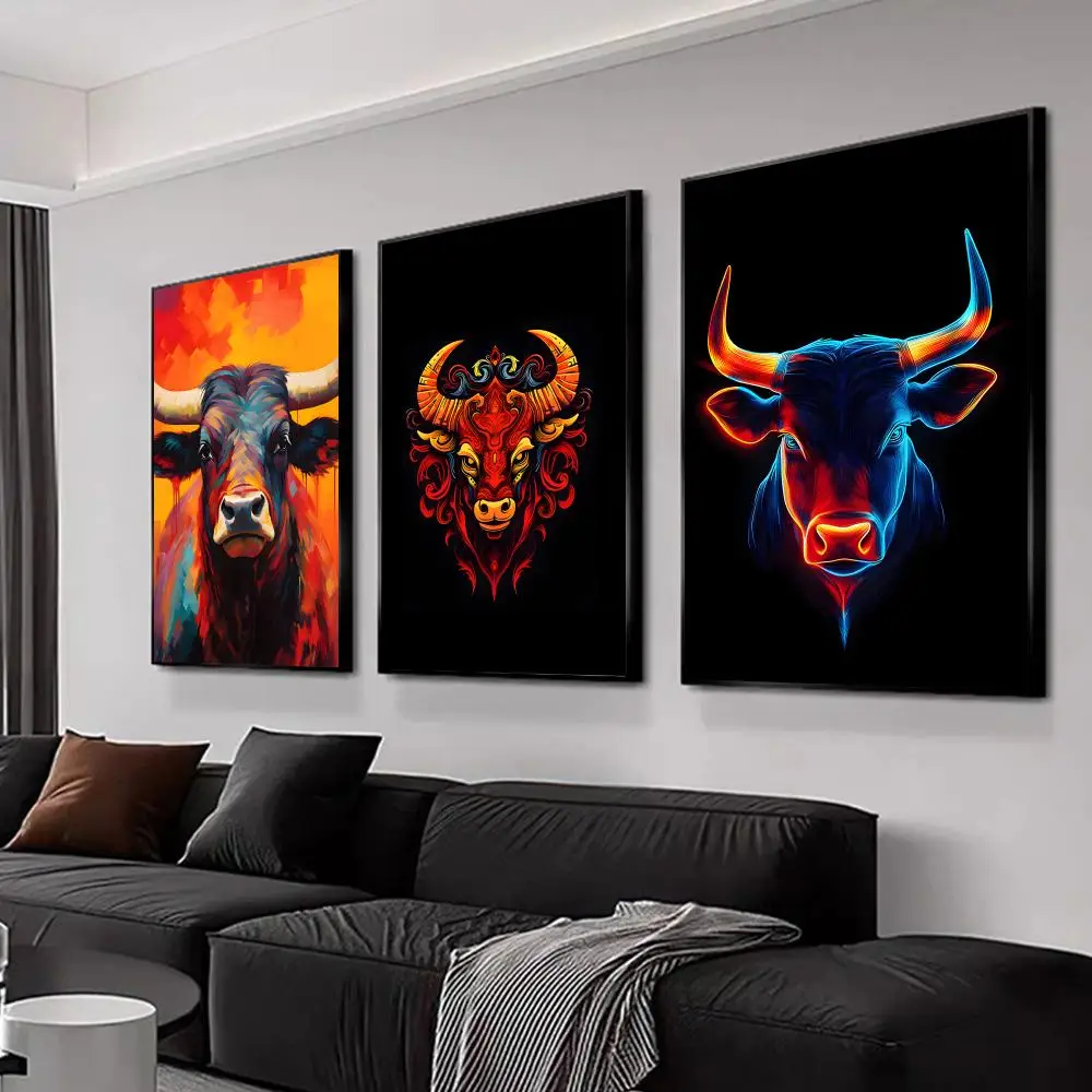 Bull Head Colored Inkjet Paints Decorative Wall Home Party Decoration Festival Gifts Synthetic Canvas No frame
