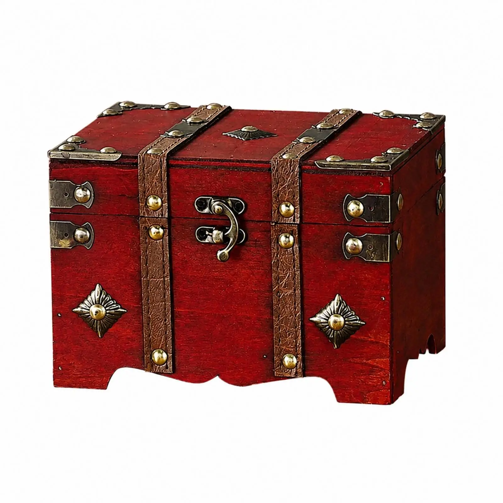 Lockable Wooden Treasure Chest Box for Jewelry Storage Decorative Organizer with Metal Corners for Home Shelf
