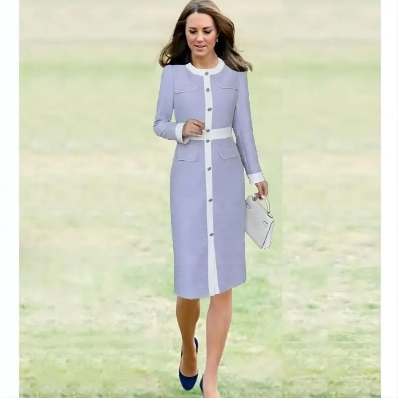 Princess Kate Dress 2023 High Quality Autumn Women O Neck Long Sleeves Patch Work Elegant Dresses Vestidos NP2021C