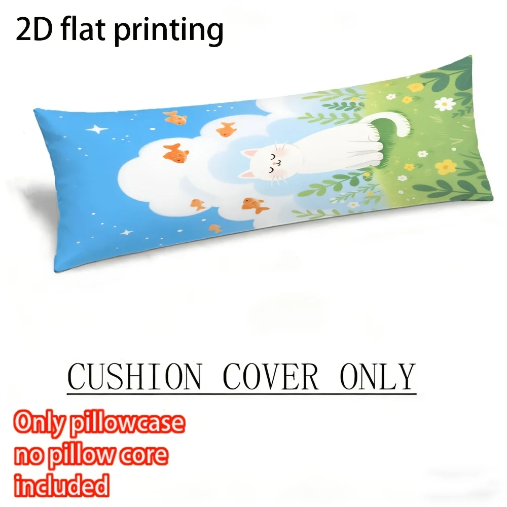 2D Flat - Long Pillowcase, 2D Printed Design Featuring Cats And Goldfish in Clouds, Full-Body Support Pillow Cover, Durable Fabr