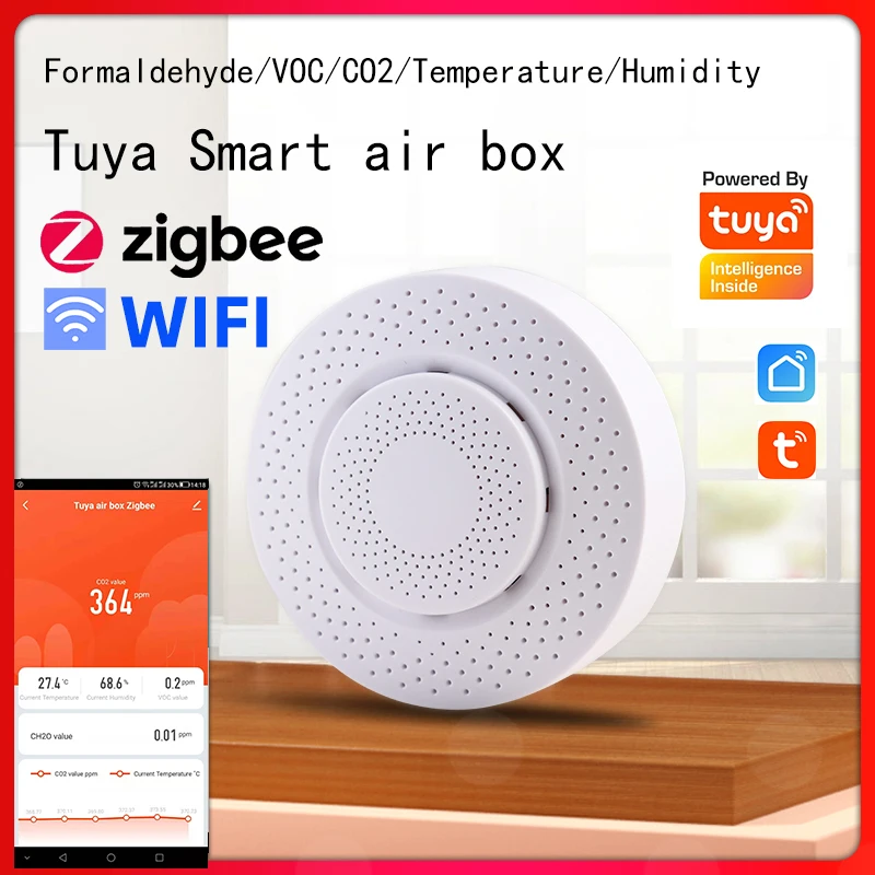 Zigbee-caja de aire inteligente Tuya, Detector de dióxido de carbono, Sensor de Gas CO2, formaldehído, VOC, Sensor de temperatura y humedad, Control