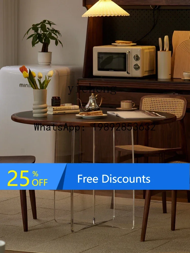 

LYY Black Walnut Stone Plate round Table Solid Wood Acrylic Table