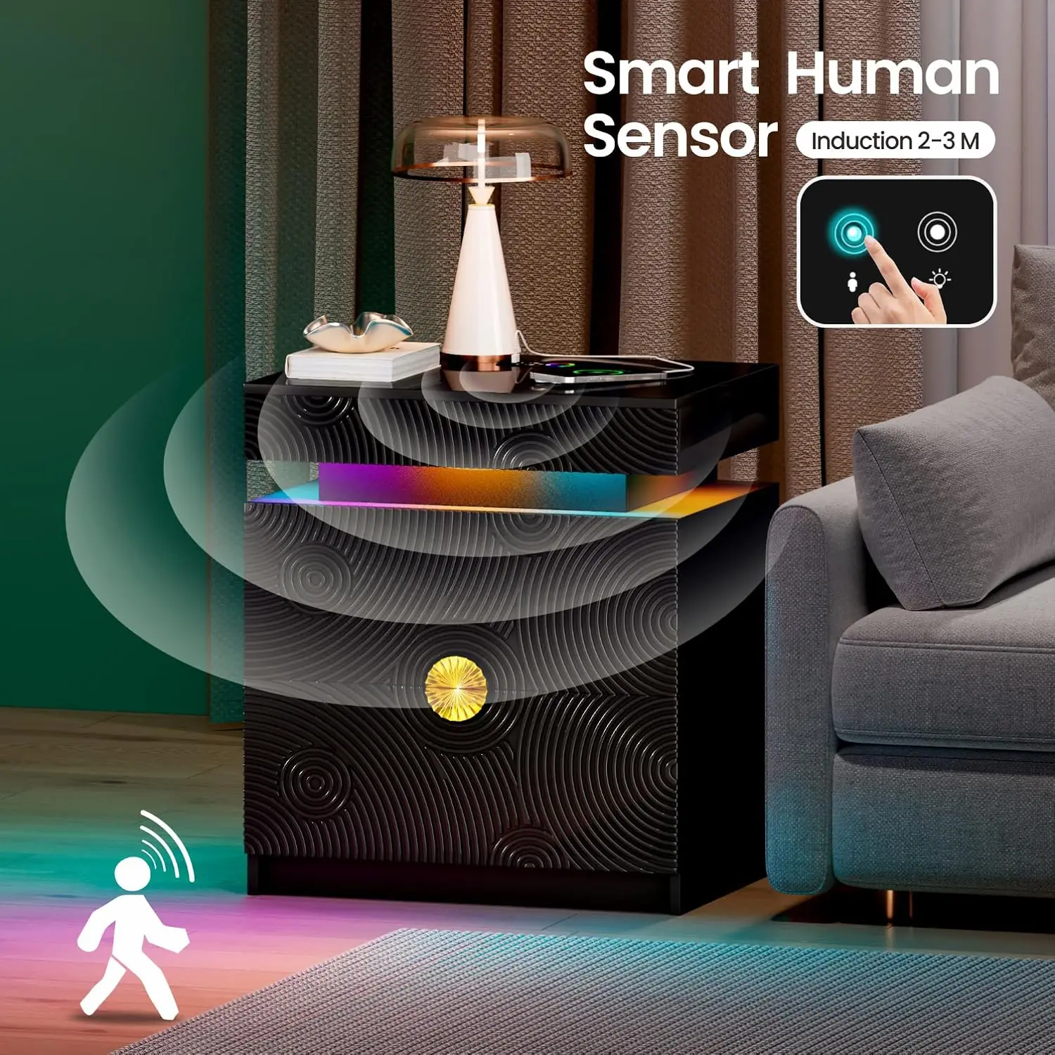 RGB LED Nightstand -Set of 2 with Lockable Hidden Drawer, High Gloss Smart Bedside Table with Charging Station & Motion Sensor,