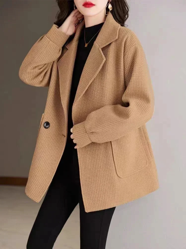 2025, neue Jacke für Damen, Herbst/Winter, koreanische Ausgabe, britische Wolle, locker, entspannt, einfarbig, Top, Damen, lange Ärmel, Manteljacken