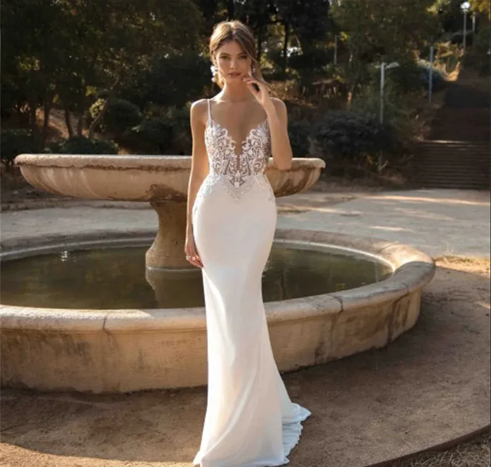 

Сексуальное свадебное платье «русалка» на тонких бретелях с аппликациями и кружевом, пляжное свадебное платье невесты без спинки в стиле бохо, vestido novia