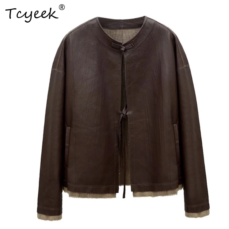 Tcyeek Pelle di pecora Primavera Autunno High End Trendy Vintage Girocollo Marrone Caffè Giacca in vera pelle da donna Jaqueta Couro