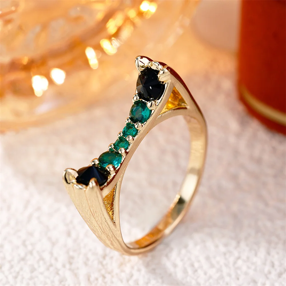 Unique Geometric Finger Rings For Women Gold Color Female Stackable Green Black Zircon Wedding Bands Engagement Promise Jewelry