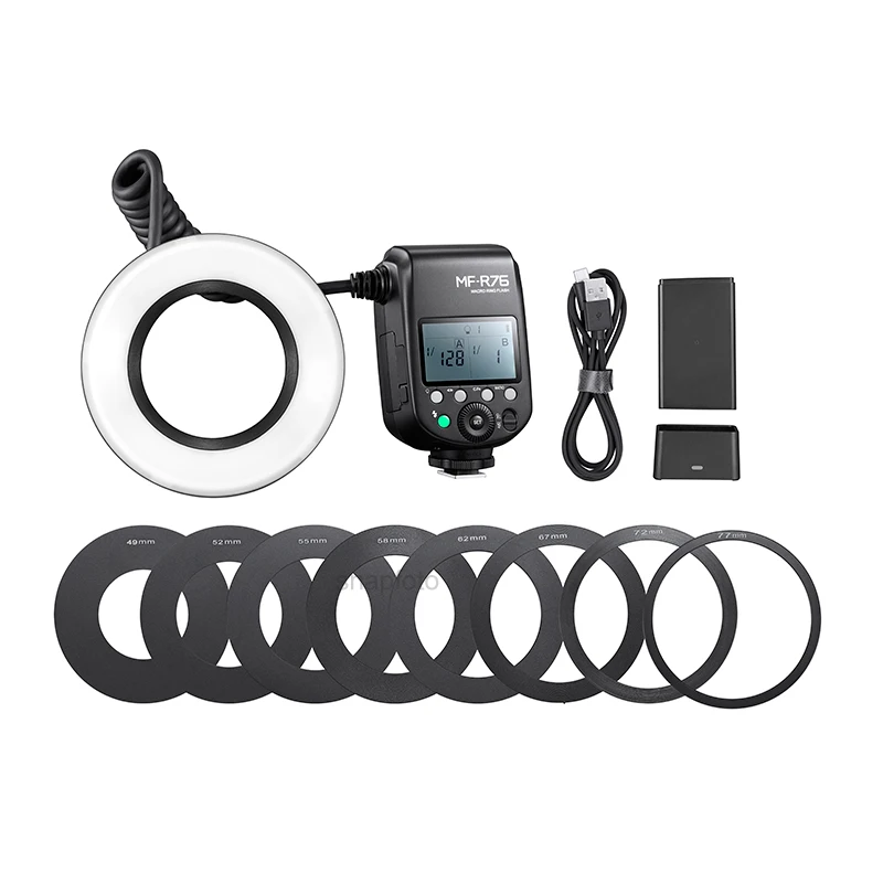 Godox MF-R76 ماكرو LED مصباح مصمم على شكل حلقة 5000K RING76 ماكرو عن قرب Speedlite ضوء فلاش لكانون نيكون 6D 7D 60D 70D كاميرات DSLR