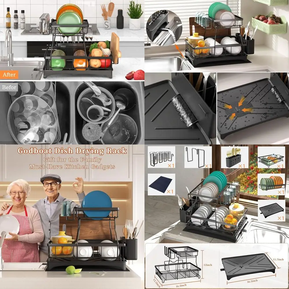 

Двухуровневая кухонная полка для посуды с автоматическим сливом и ковриком, подставка для сушки из нержавеющей стали, органайзер для столовых приборов, идеальный подарок на День матери
