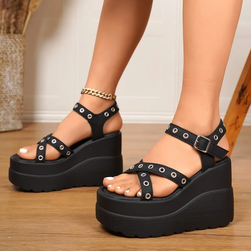 

Summer New European and American Sandals in Plus Size 42, High-heeled Cross 10cm Heel, Wedge Heel, Gothic Fashion Women's Shoes