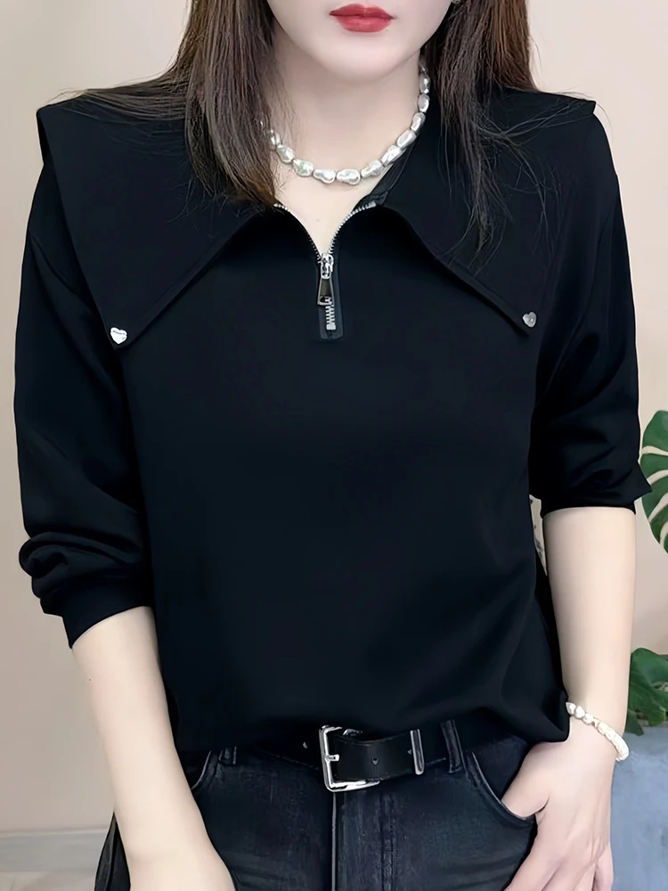 Minceur Long Sve T-irt femmes Faion Design f fermeture éclair automne nouveauté trajet Sle coréen coupe ample couleur Pure