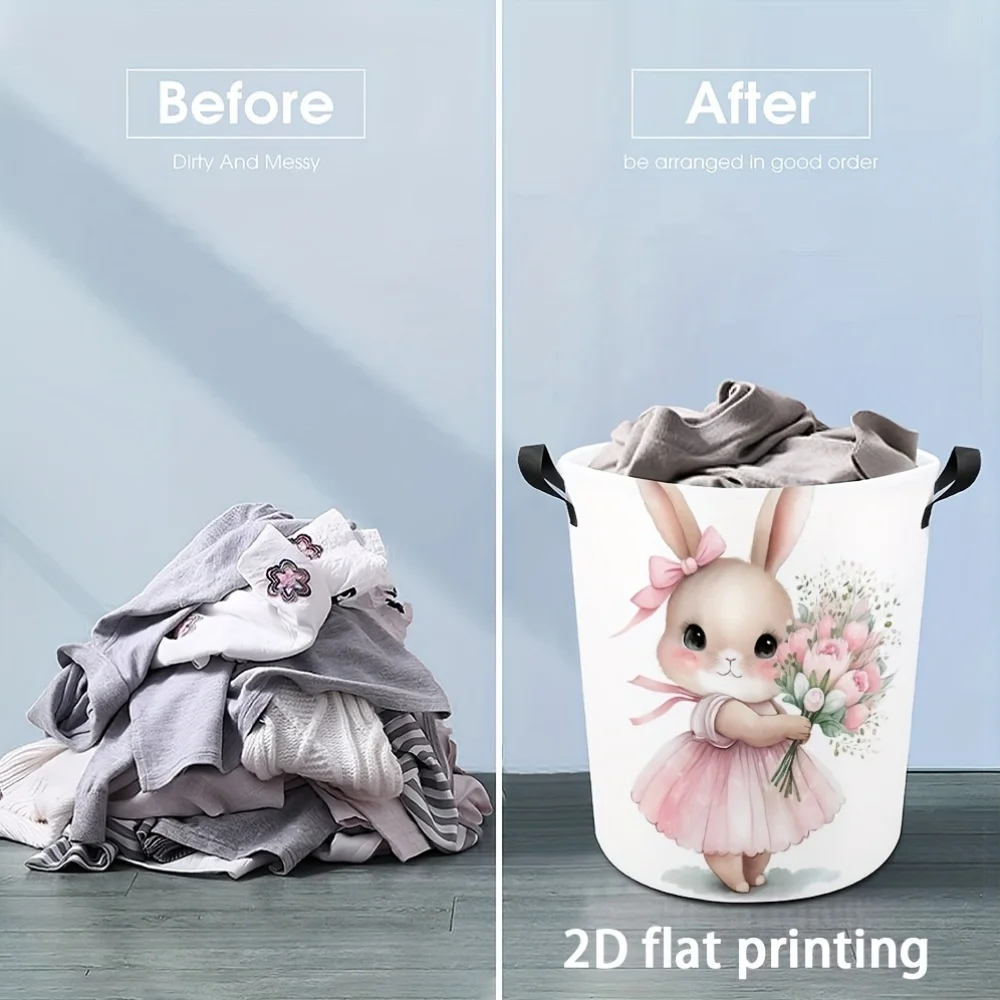 Dirty Laundry Basket, Soft Pink Bunny Pattern, Polyester Fiber, Storage Basket with Handles, Laundry Basket