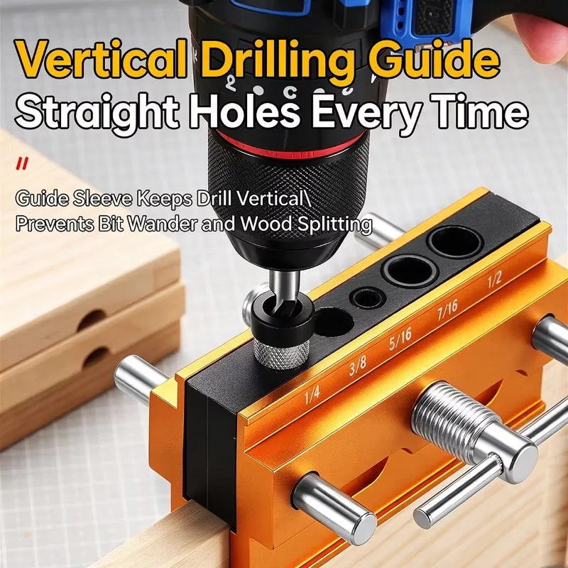 Self Centering Doweling Jig Kit Vertical Drill Guide For Woodworking Pocket Hole Puncher With Metric/Inch Adjustable Clamp