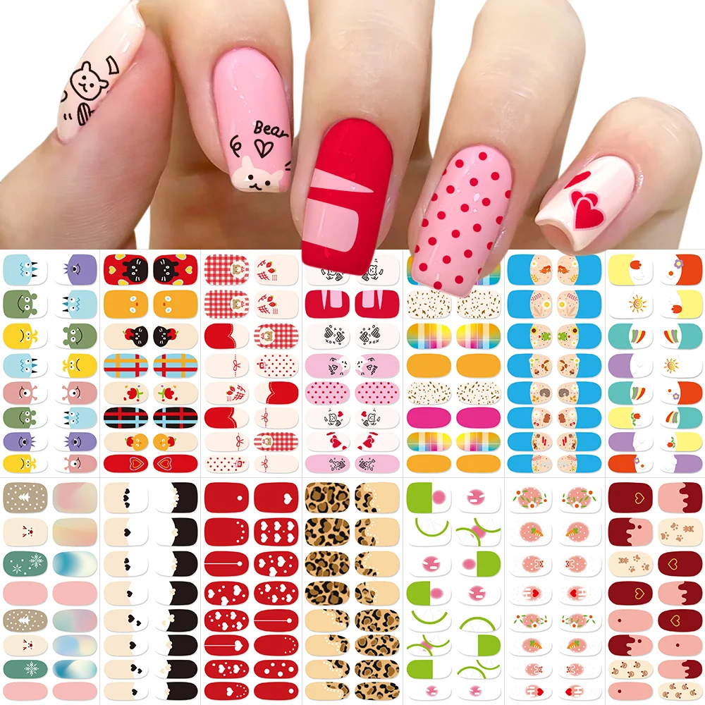 16 puntas de pegatinas de esmalte de uñas de dibujos animados, diseño de corazón, conejo, oso, monstruo, sin hornear, pegatinas para envolver decoración de uñas, pegatina colorida para uñas