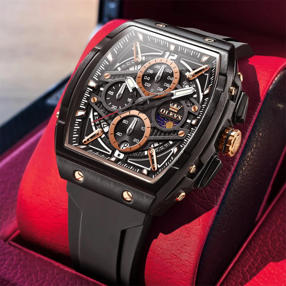 

Оригинальные мужские наручные часы OLEVS, водонепроницаемые, с силиконовым ремешком, спортивные кварцевые часы, мужские часы премиум-класса, хронограф, часы с фазами луны.