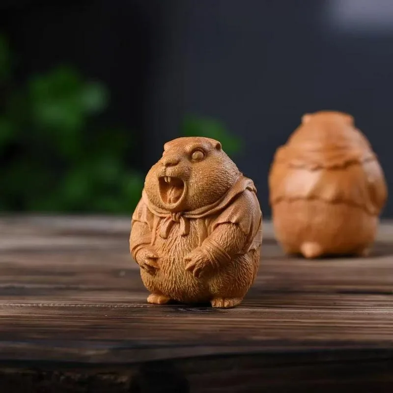 1Pc Wood Carving Groundhog Gold Sandalwood Cartoon Living Room Creative Ornament Statue Desk Decor Wooden Artwork for Mother
