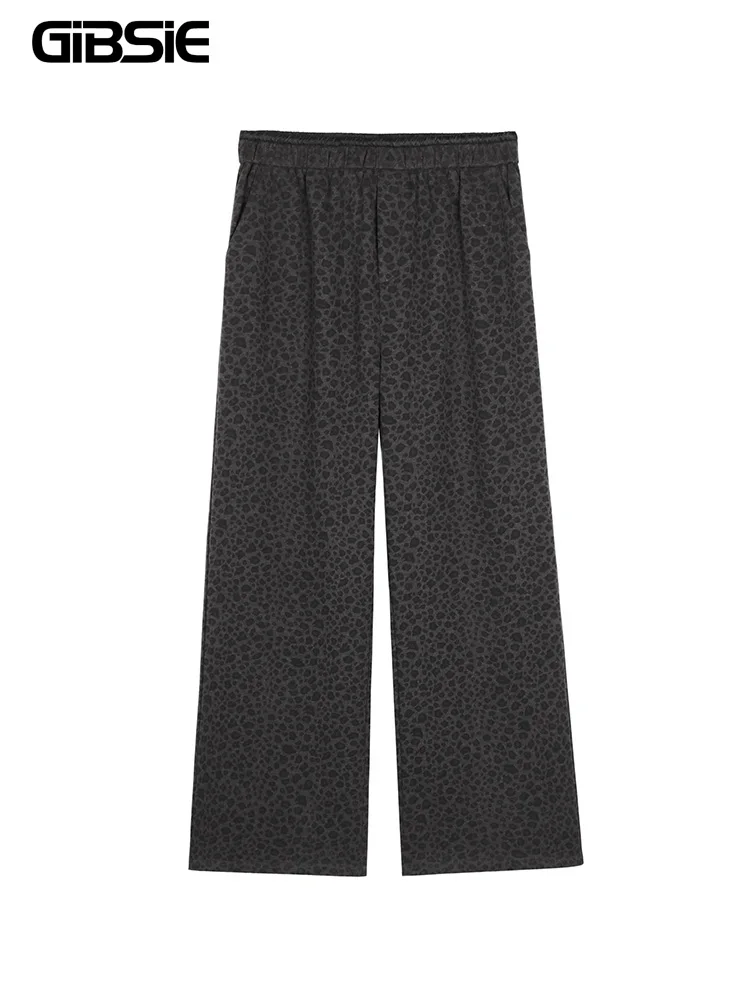 GIBSIE grande taille taille haute laine imprimé léopard pantalons décontractés femmes automne hiver mode coréenne pantalon ample jambe droite