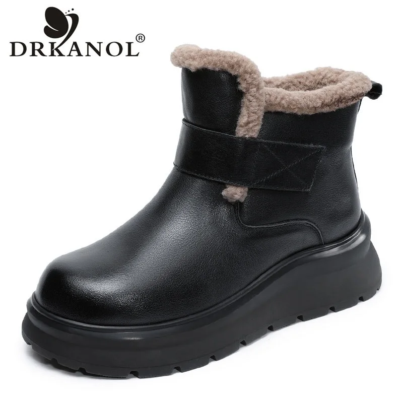 

DRKANOL 2026 Women Genuine Cow Leather Snow Boots Winter Warm Plush Cotton Boots Handmade Retro Style Wedges Heel Platform Boots