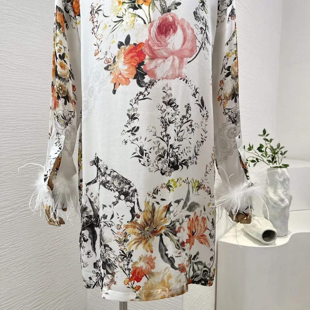 Women's White Floral Print Long Sleeve Mini Dress High Quality Silk Feather Spring Summer New 2024