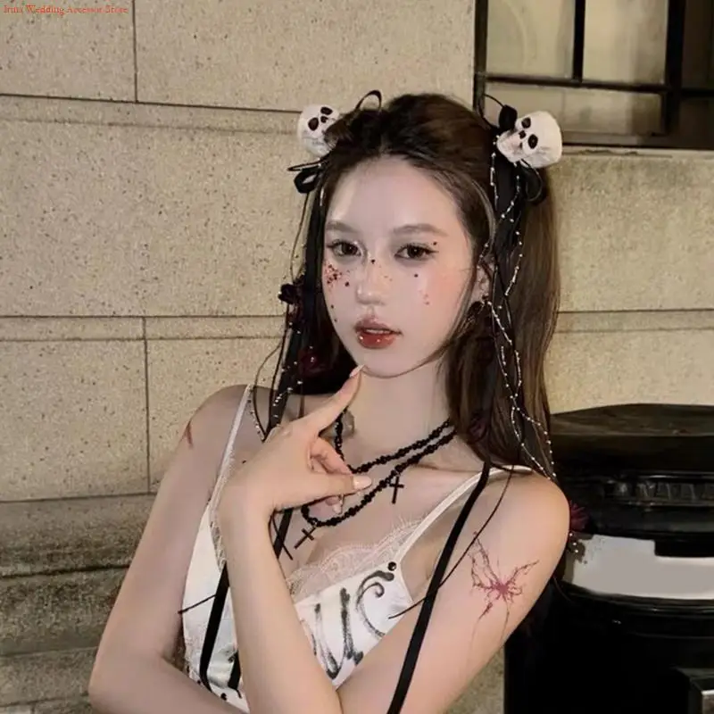 

G92D 1 Pair Gothic Skeleton Bowknot Hair Clip For Halloween Cosplay Secure Grip Design Safe Hairpin For Kids Adults Use