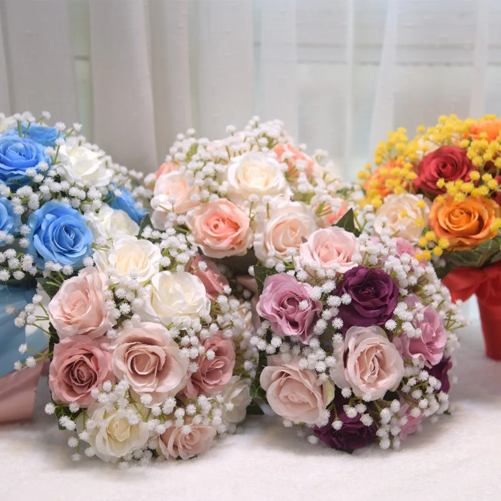 YeeNanee Bouquets de mariage Boho pour la mariée Bouquet de fleurs artificielles blanc ivoire avec ruban de soie dentelle décor de mariage de campagne