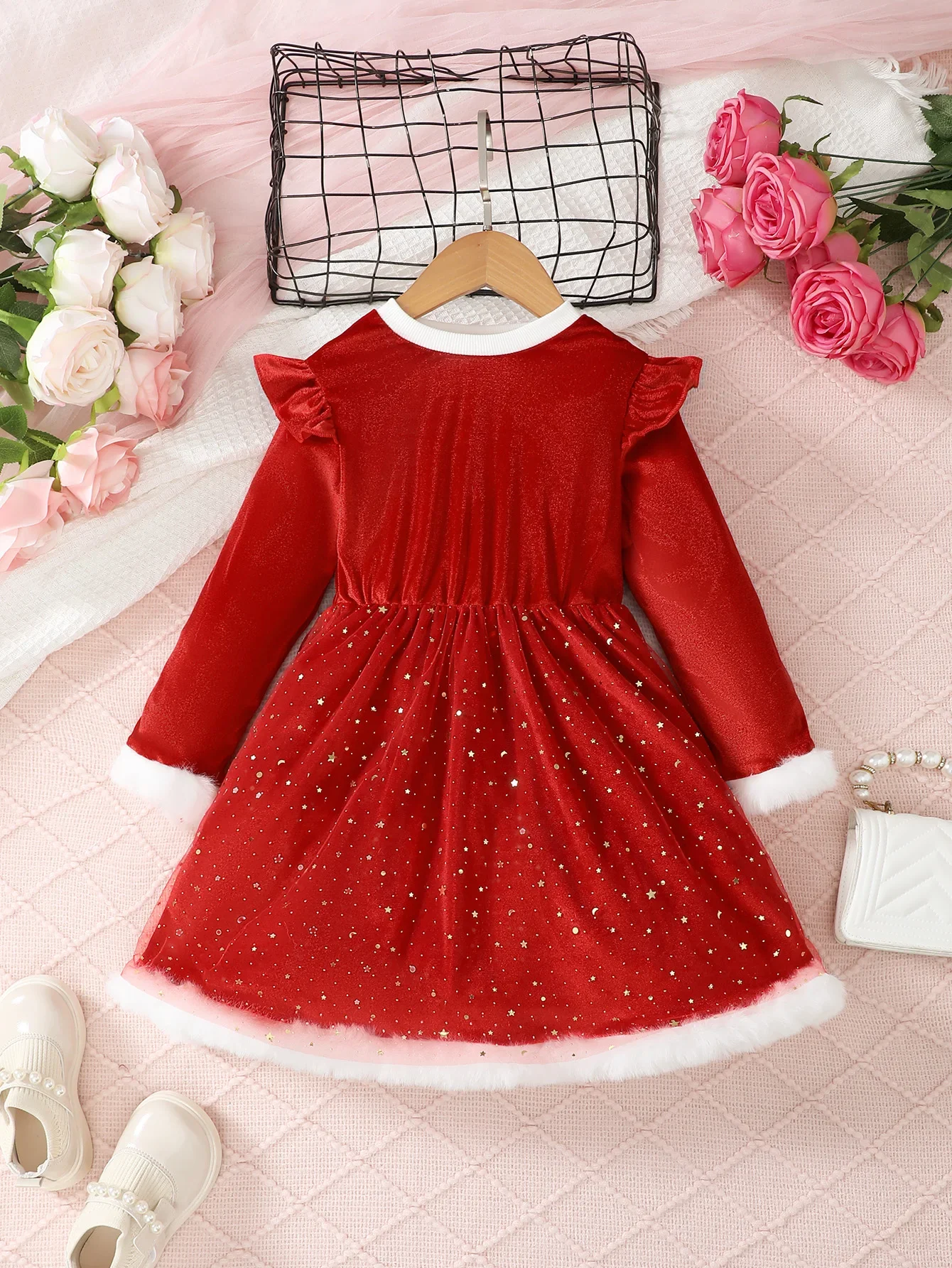 Christmas Dress for Kids Girls 4-7 Years Star Print Red Long Sleeves Dresses New Year Party Clothing Winter Daily Casual wear