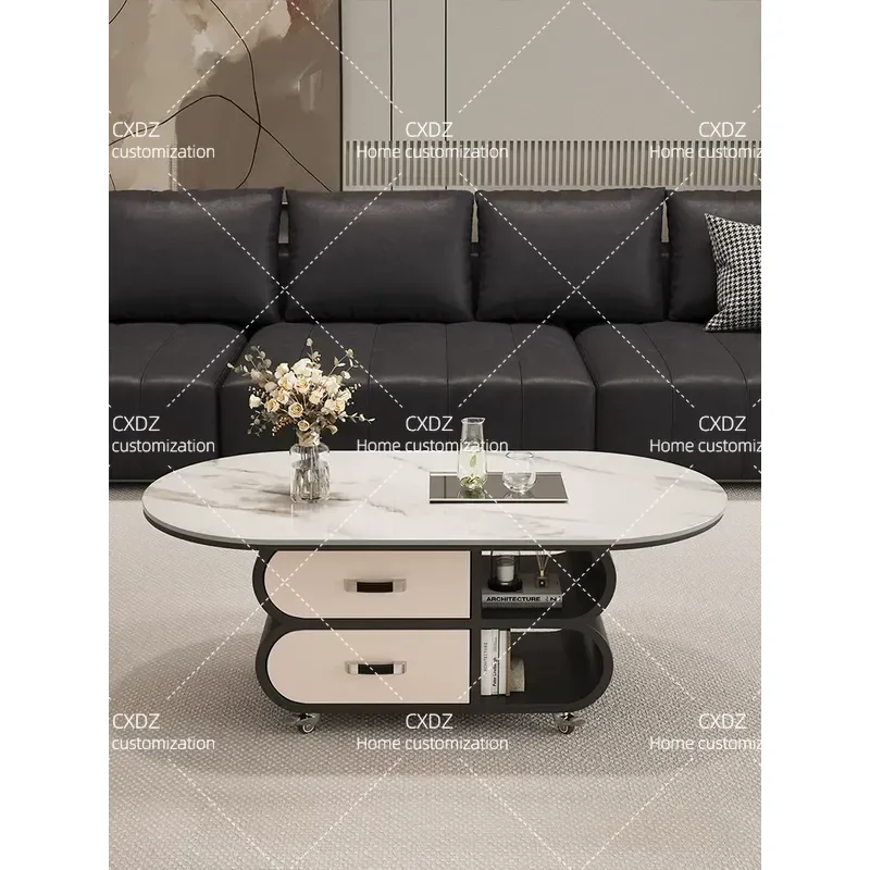 Cream wind rock slab coffee mobile trolley living room household small apartment oval light luxury high-end simple side