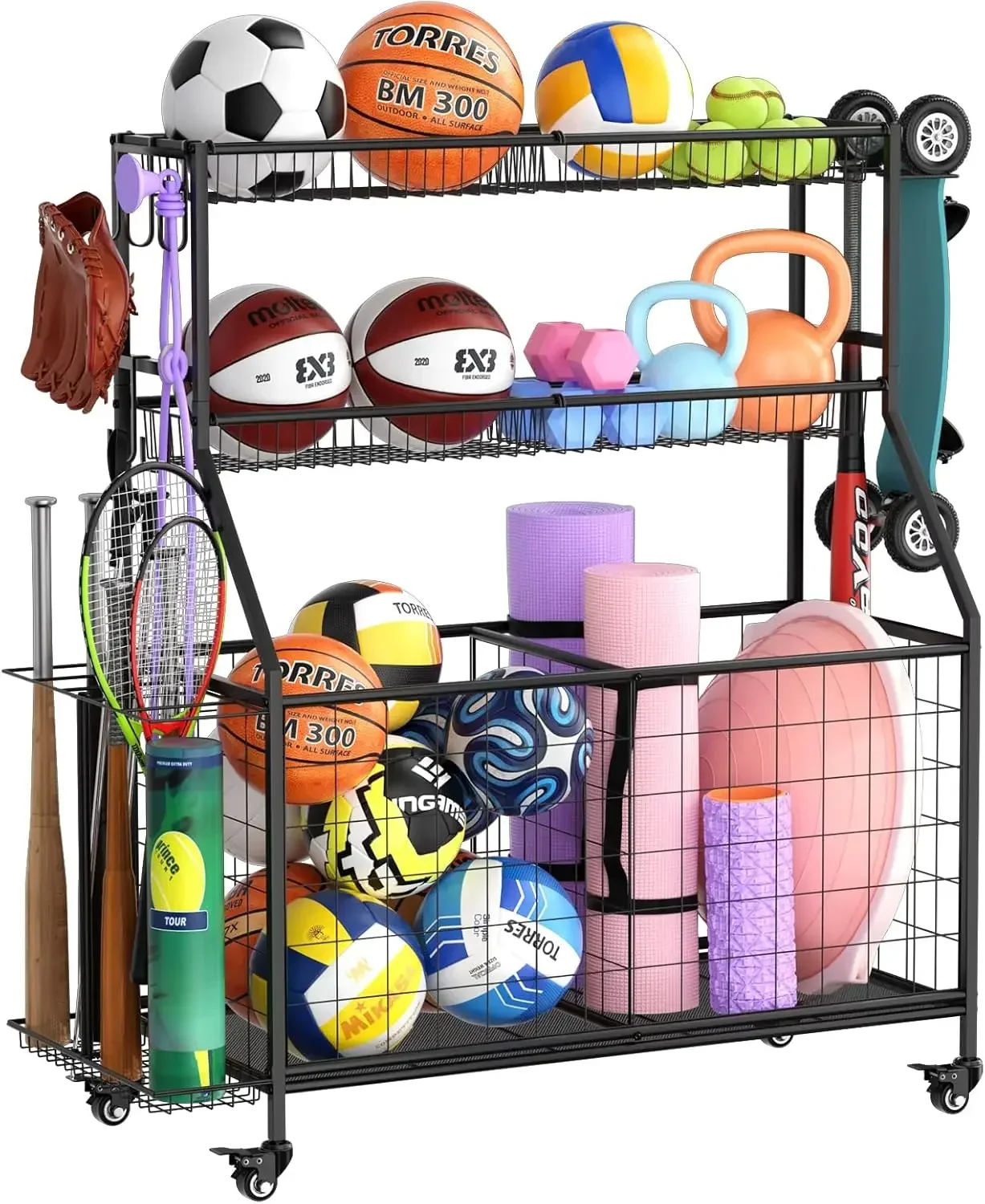 

Sports Equipment Organizer - Garage Ball Storage Rack with Basket, Hooks and Rolling Cart for Toy Sports Gear Storage, Black