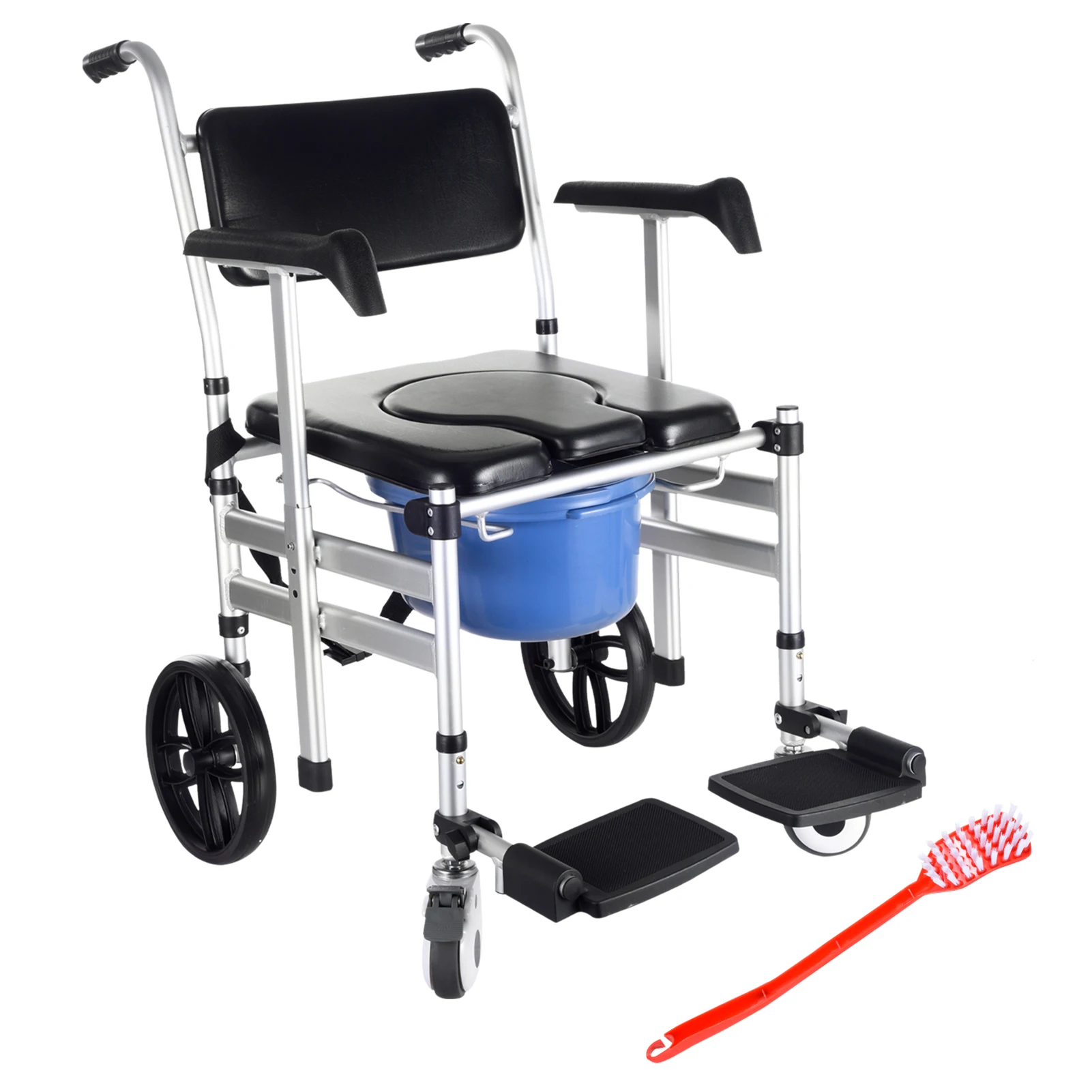 Lightweight Folding Rolling Shower Commode Chair, wheelchair for Seniors, 3 in 1 Bedside Toilet with Locking Wheels and Padded Arms, Removable Potty Bucket, Mobile Shower Chair for Disabled Bariatric Home Car