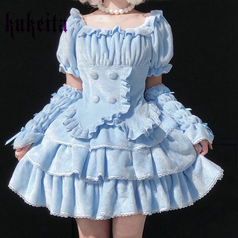 Kukeita Harajuku Gothic Lolita Shirt Japanese Y2k Sweet Bow Ruffles Blouse Solid Plush Warm Kawaii Tops Women Elegant Clothes